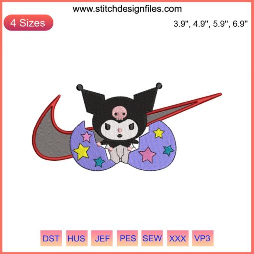 Kuromi Swoosh Embroidery Design: My Melody & Kuromi Couple, Machine Embroidery File, Cute Character Duo Design.