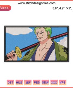 Roronoa Zoro embroidery design, One Piece anime digitizing file, featuring swords and bold details for sewing enthusiasts.