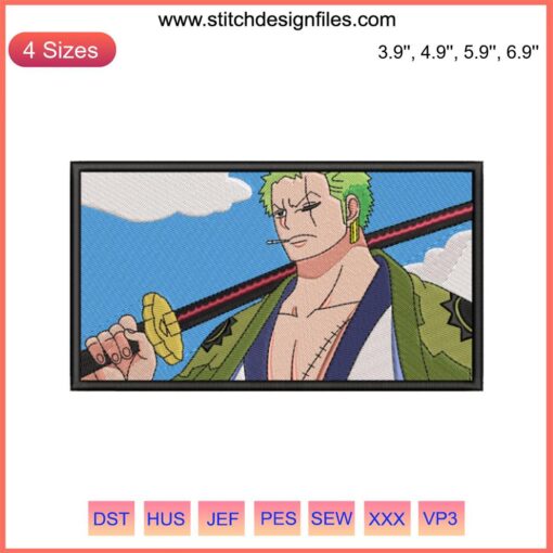 Roronoa Zoro embroidery design, One Piece anime digitizing file, featuring swords and bold details for sewing enthusiasts.