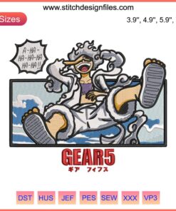 Luffy Gear 5 Embroidery Design from One Piece anime, detailed digital file for embroidery machines, perfect for anime fans.