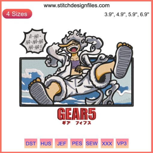 Luffy Gear 5 Embroidery Design from One Piece anime, detailed digital file for embroidery machines, perfect for anime fans.