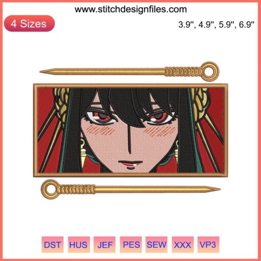 Yor Forger Embroidery Design: Spy x Family Anime Digitizing File, detailed anime character stitch pattern for embroidery.