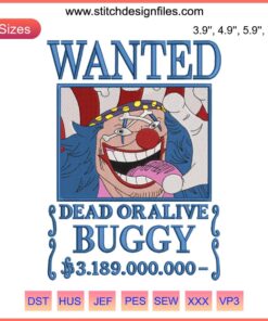 Buggy Bounty One Piece Anime Embroidery Design File - Vibrant digitized Buggy character ready for instant download.