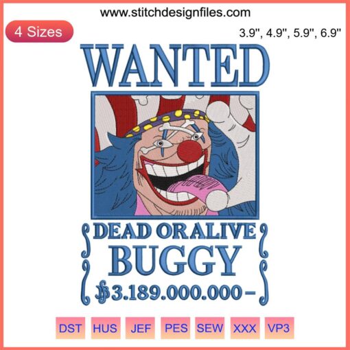 Buggy Bounty One Piece Anime Embroidery Design File - Vibrant digitized Buggy character ready for instant download.