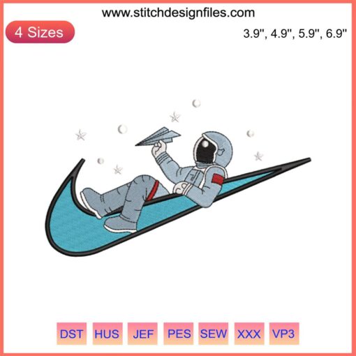Swoosh Astronaut Embroidery Design: Nike-Inspired Machine Embroidery File, Space Theme, Unique DIY Apparel Design