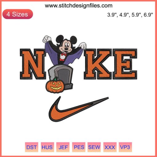 Nike Mickey Mouse Bat Embroidery, Disney Halloween Design: Flying Mickey as a playful bat, perfect for festive attire embellishments.
