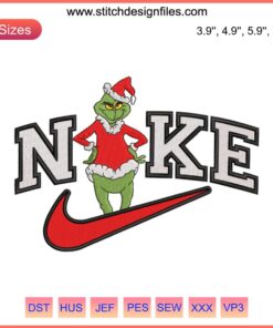 Grinch Nike Christmas Embroidery Design File: Santa Claus Grinch with Nike swoosh, perfect for holiday crafting projects.