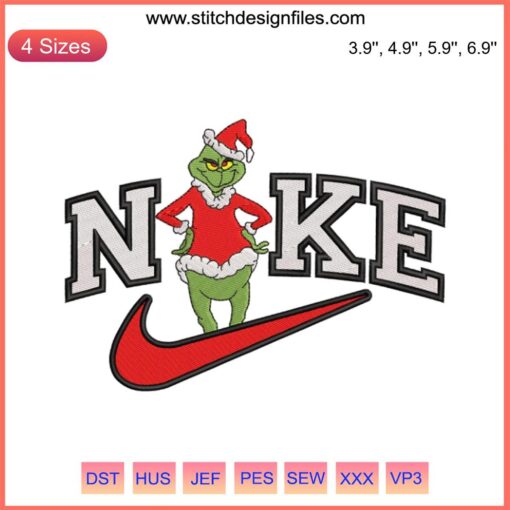 Grinch Nike Christmas Embroidery Design File: Santa Claus Grinch with Nike swoosh, perfect for holiday crafting projects.