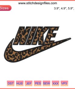 Leopard print Nike logo embroidery design, downloadable file; stylish footwear embellishment, fashion DIY stitching.