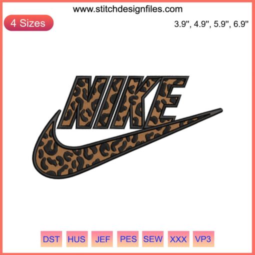 Leopard print Nike logo embroidery design, downloadable file; stylish footwear embellishment, fashion DIY stitching.