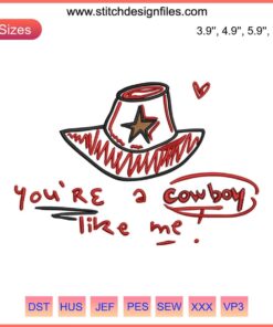 Taylor Swift inspired "You Are A Cowboy Like Me" embroidery design digitizing file featuring cowboy motifs and stylish lettering.
