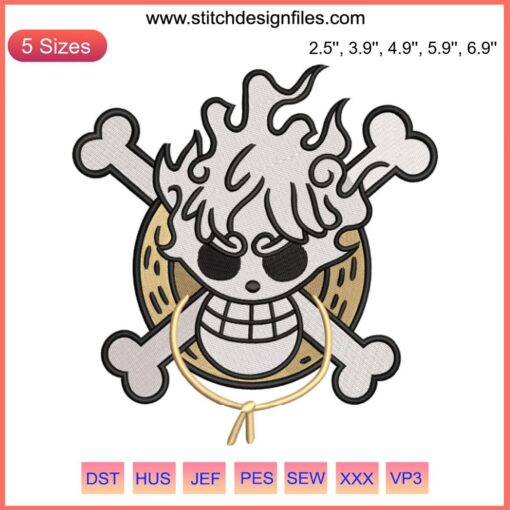 Luffy Gear 5 Jolly Roger Embroidery Design, One Piece Anime Digitizing File, Unique Anime Embroidery Pattern