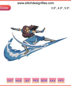 Nike Katara Swoosh Embroidery Design featuring iconic Avatar anime character for machine embroidery.