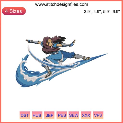 Nike Katara Swoosh Embroidery Design featuring iconic Avatar anime character for machine embroidery.