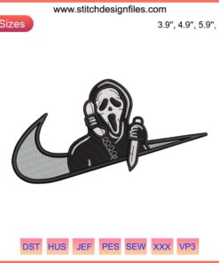 Ghostface x Nike Embroidery Design for Halloween, Machine Embroidery Digitizing File with iconic mask and swoosh logo.