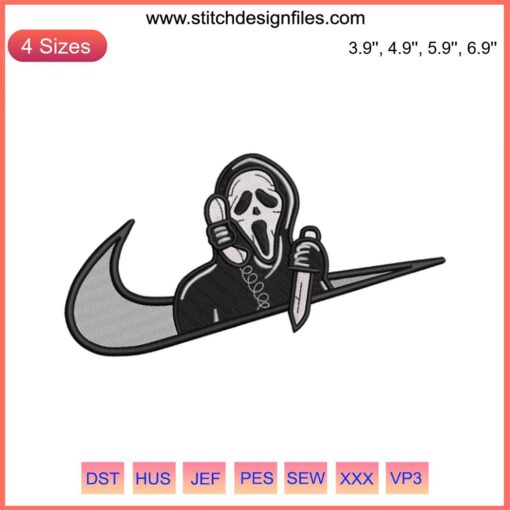 Ghostface x Nike Embroidery Design for Halloween, Machine Embroidery Digitizing File with iconic mask and swoosh logo.