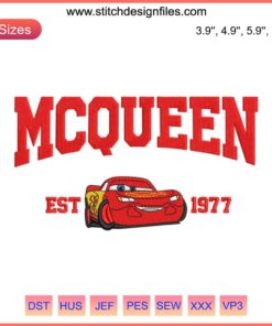 McQueen Est. 1977 Pixar Cars Embroidery Digitizing File, vibrant design featuring iconic Lightning McQueen embroidery pattern.
