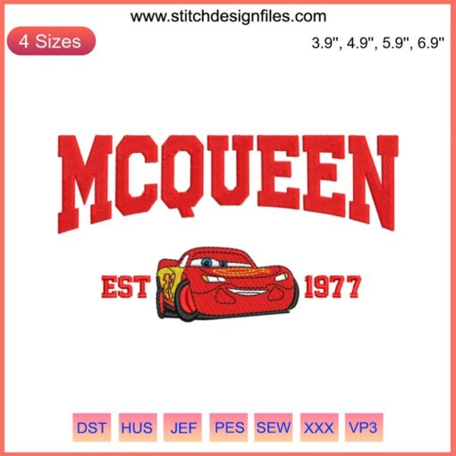 McQueen Est. 1977 Pixar Cars Embroidery Digitizing File, vibrant design featuring iconic Lightning McQueen embroidery pattern.