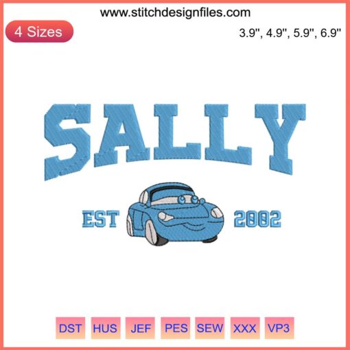 Sally Est. 2002 Embroidery File: Pixar Cars Design, Digitized Pattern, Blue Car Embroidery, Pixar-Inspired Stitching