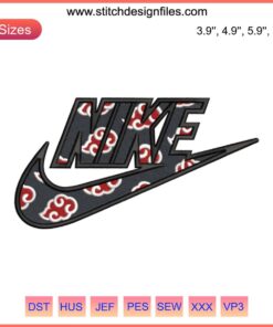 Nike x Akatsuki Embroidery Design featuring Naruto anime elements; machine embroidery file with Akatsuki cloud logo.