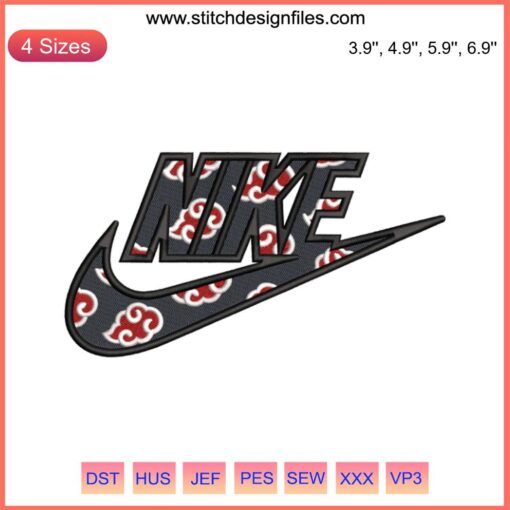 Nike x Akatsuki Embroidery Design featuring Naruto anime elements; machine embroidery file with Akatsuki cloud logo.