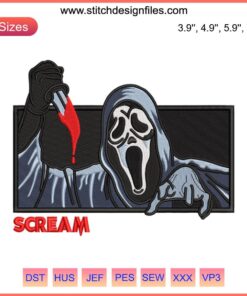 Ghostface Scream Embroidery Design featuring iconic killer mask for Halloween decor, perfect for embroidery digitizing files.