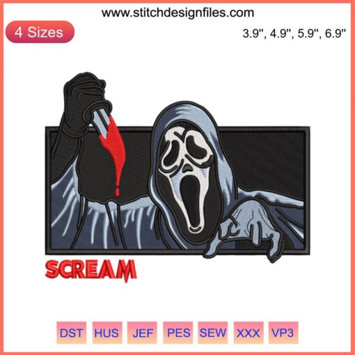 Ghostface Scream Embroidery Design featuring iconic killer mask for Halloween decor, perfect for embroidery digitizing files.