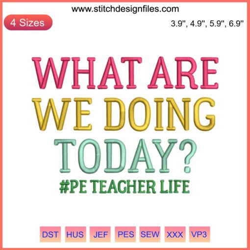 PE Teacher Embroidery Design, "What Are We Doing Today?" | Fun Teacher Theme Embroidery File, Colorful Text, Digital Download