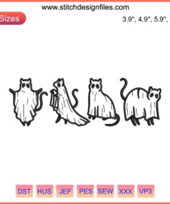 Embroidered ghost cat design, Halloween embroidery pattern, funny digitizing file, cute spooky craft project, Halloween decor.