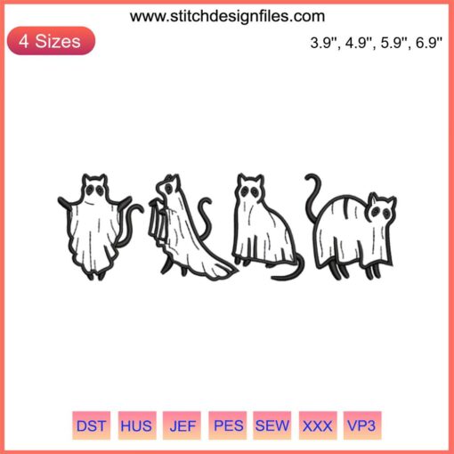 Embroidered ghost cat design, Halloween embroidery pattern, funny digitizing file, cute spooky craft project, Halloween decor.