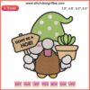 Gnome Gardening Embroidery File: Whimsical gnome with gardening tools, "Don't Be A Hoe" phrase. Humorous needlework design.