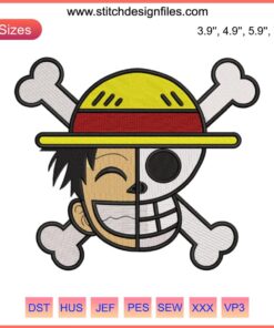 Embroidery design featuring Straw Hat Pirates Luffy from One Piece anime, perfect for DIY projects and fans.