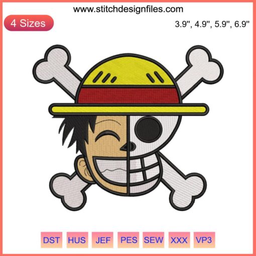 Embroidery design featuring Straw Hat Pirates Luffy from One Piece anime, perfect for DIY projects and fans.
