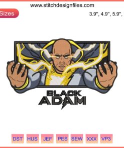 Black Adam Embroidery Design File: Bold superhero silhouette, detailed stitching, perfect for movie-themed projects, digitized pattern.