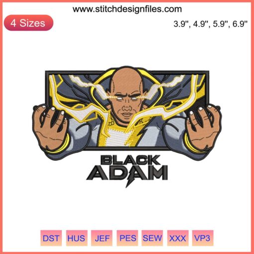 Black Adam Embroidery Design File: Bold superhero silhouette, detailed stitching, perfect for movie-themed projects, digitized pattern.