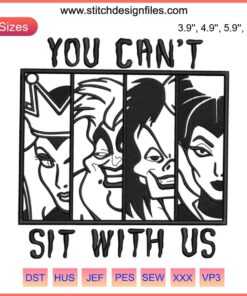 Halloween-themed embroidery design featuring three witch hats with the phrase "You Can't Sit With Us" in a digitized file format.