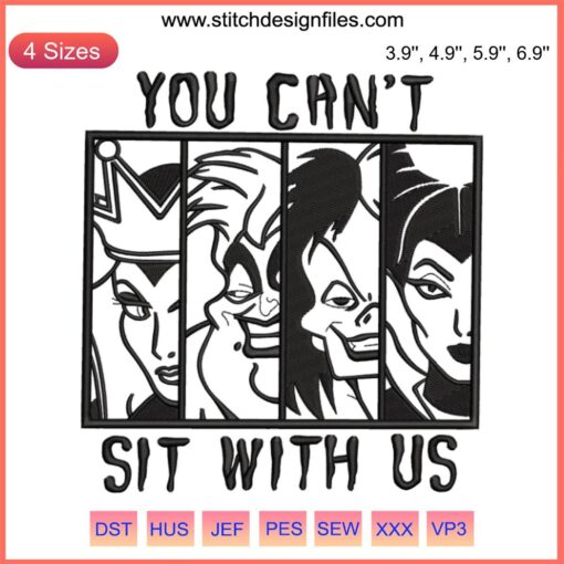 Halloween-themed embroidery design featuring three witch hats with the phrase "You Can't Sit With Us" in a digitized file format.