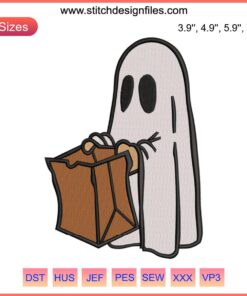 Ghost With Brown Bag Embroidery Design - Spooky Halloween Trend | Digitized Ghost Pattern, Trick-or-Treat Bag, Trendy Embroidery File.