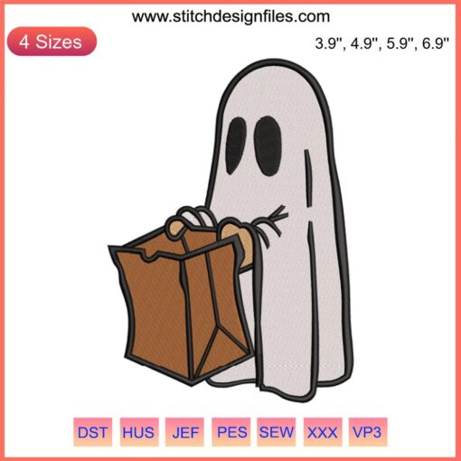 Ghost With Brown Bag Embroidery Design - Spooky Halloween Trend | Digitized Ghost Pattern, Trick-or-Treat Bag, Trendy Embroidery File.