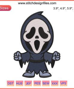 Chibi Ghostface Scream Embroidery Design: Cute Halloween Horror Stitch Art File, Digitized for Embroidery Machines.