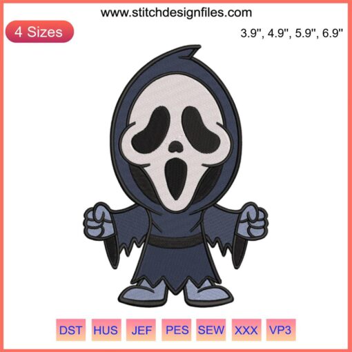 Chibi Ghostface Scream Embroidery Design: Cute Halloween Horror Stitch Art File, Digitized for Embroidery Machines.