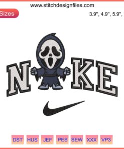Chibi-style Ghostface embroidery design, perfect for Halloween projects. Downloadable Nike Scream digitizing file for embroidery.