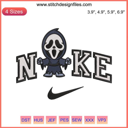 Chibi-style Ghostface embroidery design, perfect for Halloween projects. Downloadable Nike Scream digitizing file for embroidery.