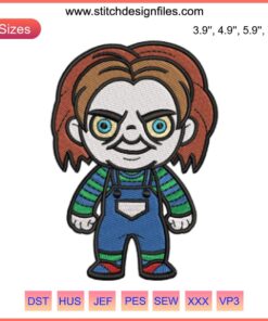 Chibi Chucky Embroidery Design – Halloween Horror Embroidery Digitizing File featuring cute Chucky character stitching pattern.
