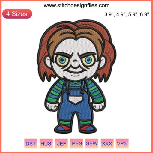 Chibi Chucky Embroidery Design – Halloween Horror Embroidery Digitizing File featuring cute Chucky character stitching pattern.