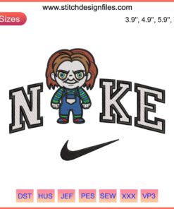 Nike Chucky Chibi Embroidery Design featuring horror movie character, perfect for Halloween digitizing projects.
