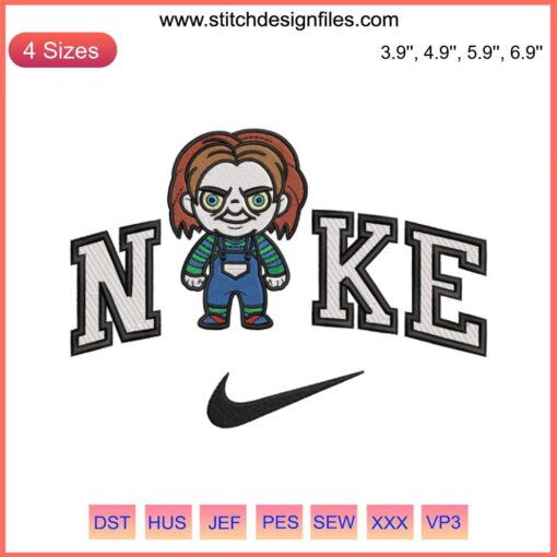 Nike Chucky Chibi Embroidery Design featuring horror movie character, perfect for Halloween digitizing projects.