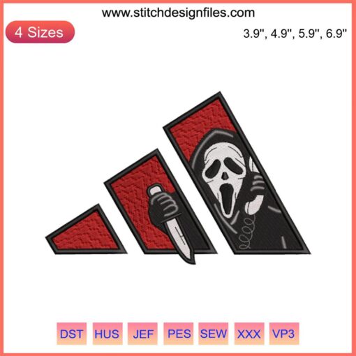 Ghostface Halloween Adidas Embroidery Design, Horror Embroidery Digitizing File with Scary Mask and Adidas Logo for Costume Projects