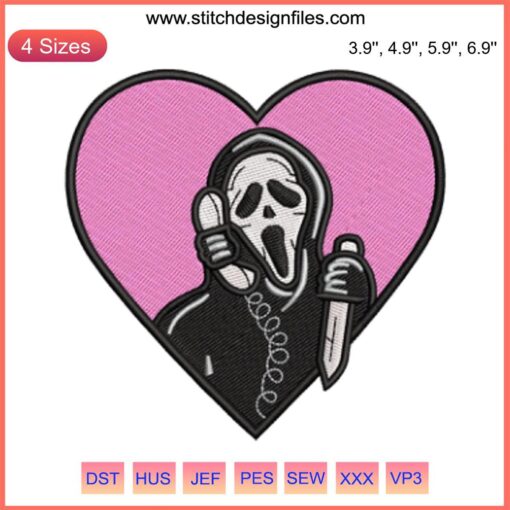 Heart Ghostface Calling Embroidery Design - Halloween Scream Icon Embroidery File. Unique, Creepy Ghostface with Heart Element.