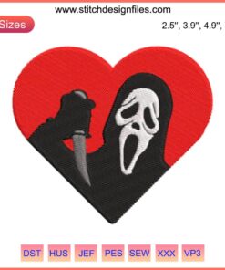 Ghostface Heart Embroidery Design - Spooky Halloween Scream Digitizing File with Knife and Heart Motif. Perfect for DIY Stitching.